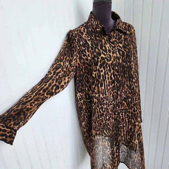 Live 4 Truth Women’s Brown Leopard Coverup Transparent Buttons Dress Sz L - Picture 3 of 12